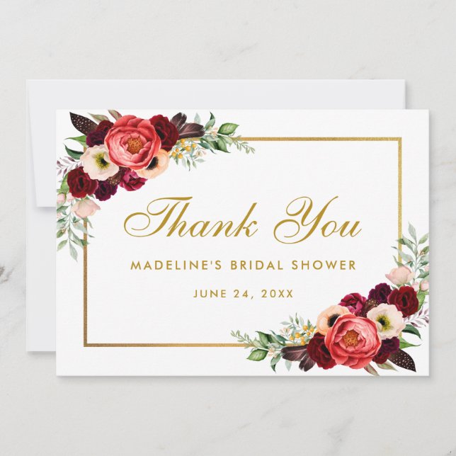 Burgundy Floral Boho Fête des mariées Merci Carte  (Devant)