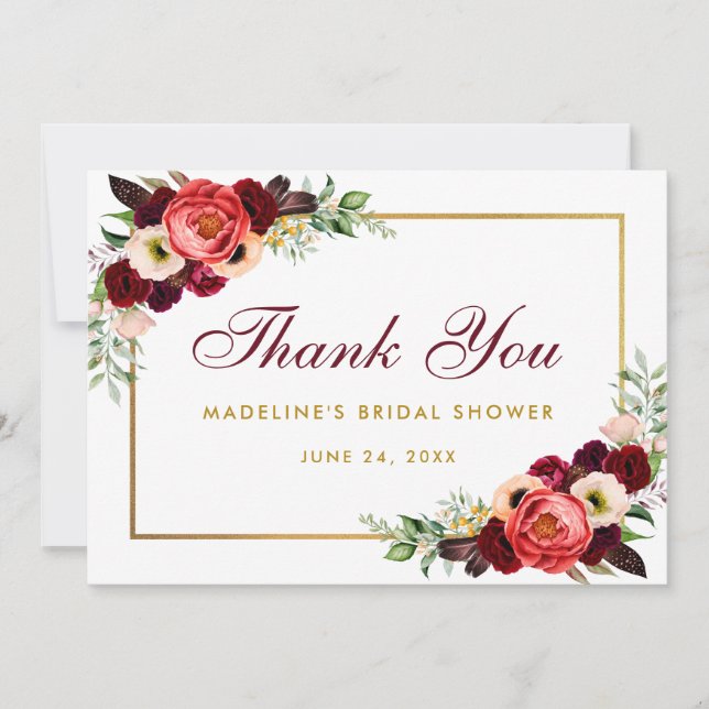 Burgundy Floral Boho Fête des mariées Merci carte  (Devant)