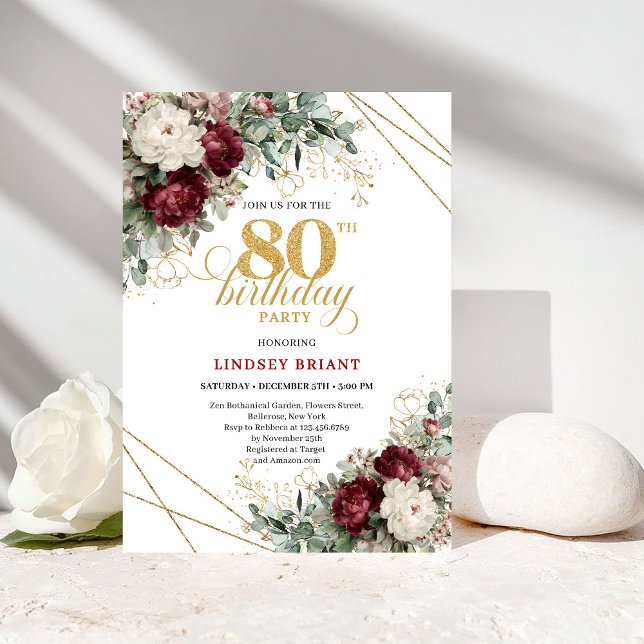 Burgundy Floral Boho Greenery 80th Birthday Einladung (Burgundy Floral Boho Greenery 80th Birthday)
