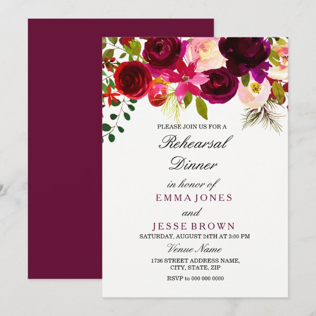 Burgundy Floral Boho Hochzeit Probe Dinner Karte (Vorne/Hinten)