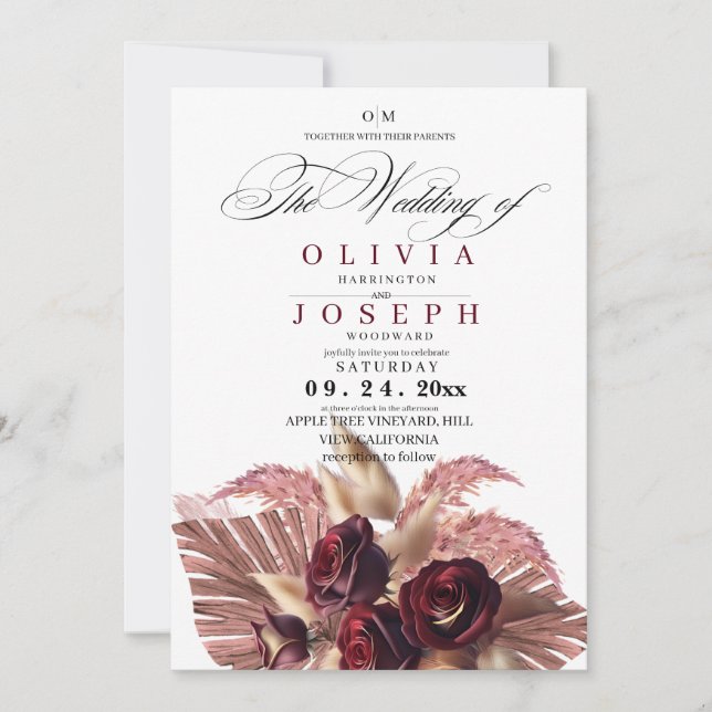 Burgundy Floral Boho Rustic Wedding Einladung (Vorderseite)