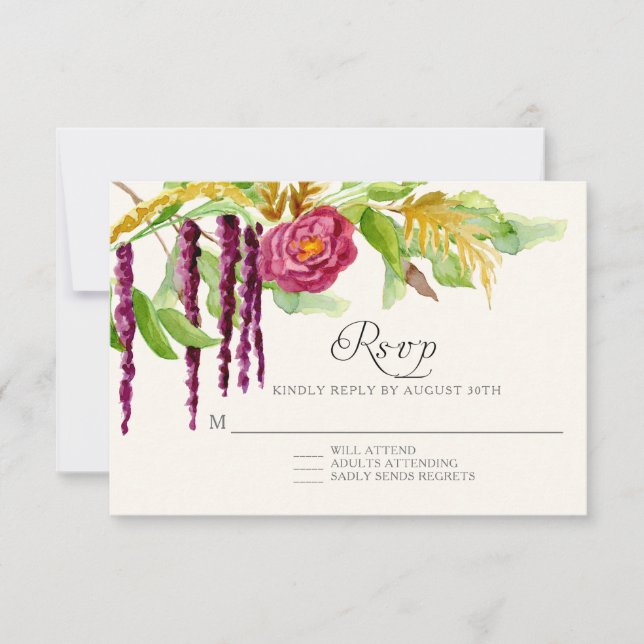 Burgundy Floral BOHO Rustic Wood UAWG Response RSVP Karte (Vorderseite)