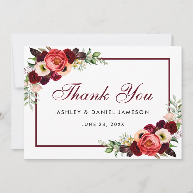Burgundy Floral Boho Wedding Danke Karte B (Vorderseite)