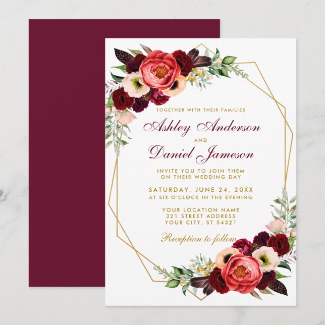 Burgundy Floral Boho Wedding Gold Frame B Einladung (Vorne/Hinten)