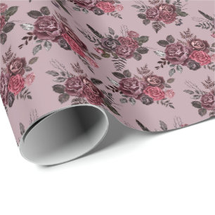 Burgundy Floral Bouquet auf mittelgrau-rosa Geschenkpapier
