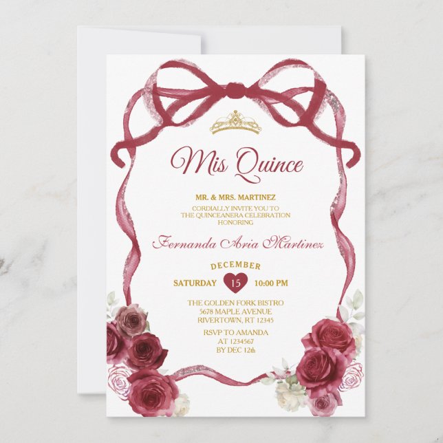 Burgundy Floral Bow Ribbon Gold Crown Mis Quince Einladung (Vorderseite)