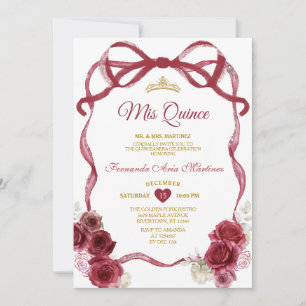 Burgundy Floral Bow Ribbon Gold Crown Mis Quince Einladung