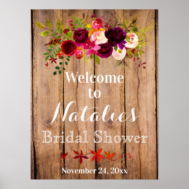 Burgundy Floral Brautparty Begrüßungspposter Poster (Vorne)