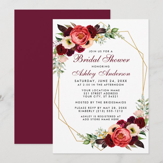 Burgundy Floral Brautparty Boho Einladung B (Vorne/Hinten)