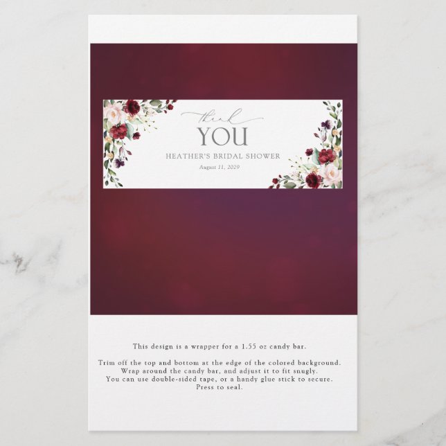 Burgundy Floral Brautparty Candy Bar Wrapper (Vorderseite)