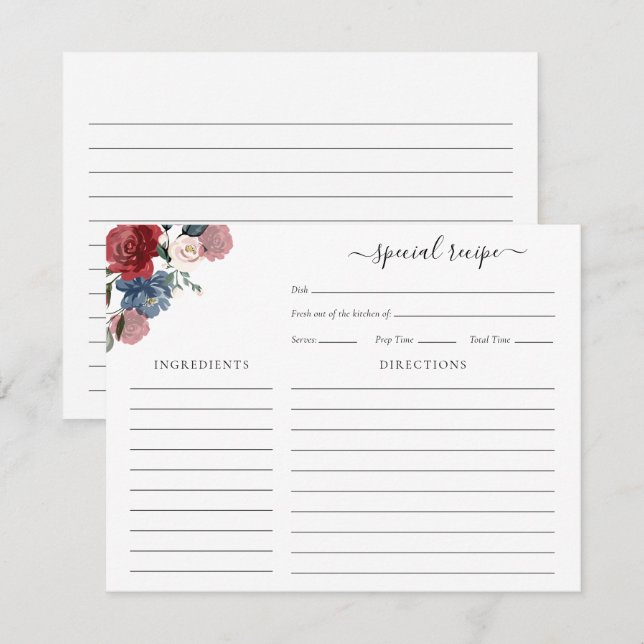 Burgundy Floral Brautparty Script Rezept Begleitkarte (Vorne/Hinten)