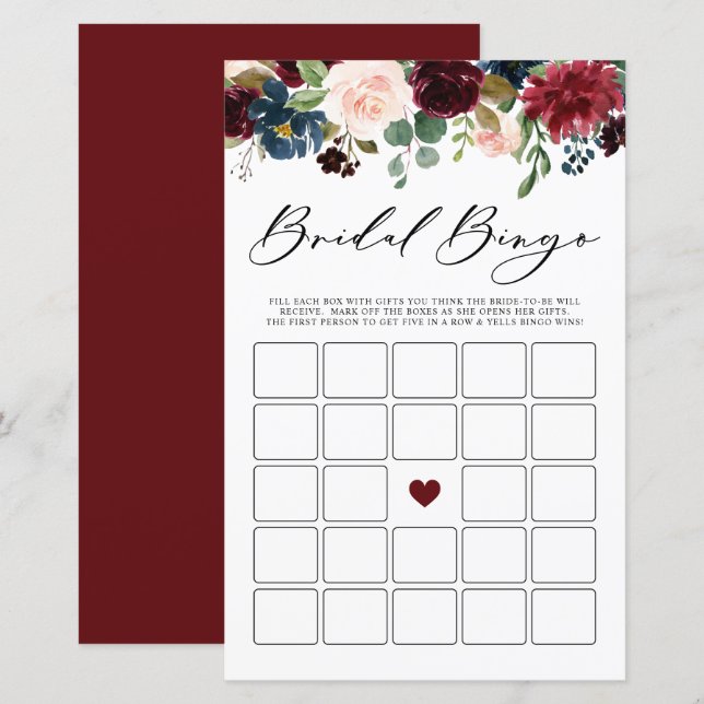 Burgundy Floral Bridal Bingo Brautparty Game (Vorne/Hinten)