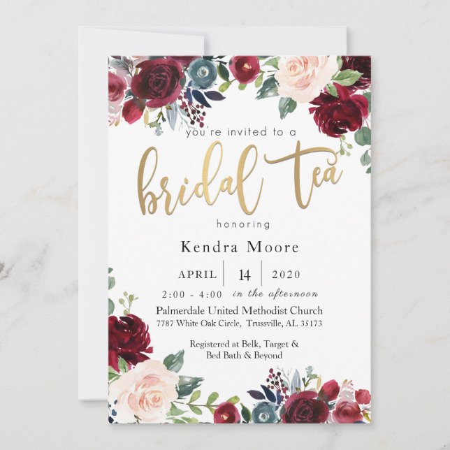 Burgundy Floral Bridal Teatro Sociale Einladung (Vorderseite)
