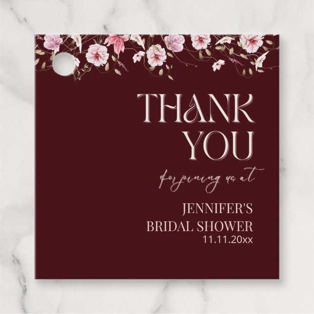 Burgundy Floral Bride in Bloom Bridal Shower Geschenkanhänger (Vorderseite)