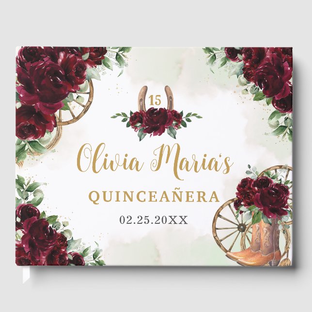 Burgundy Floral Charro Cowboy Boots Quinceanera Gästebuch (Vorderseite)