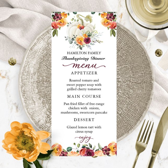 Burgundy Floral Citrouille Thanksgiving Diner Menu (Créateur téléchargé)