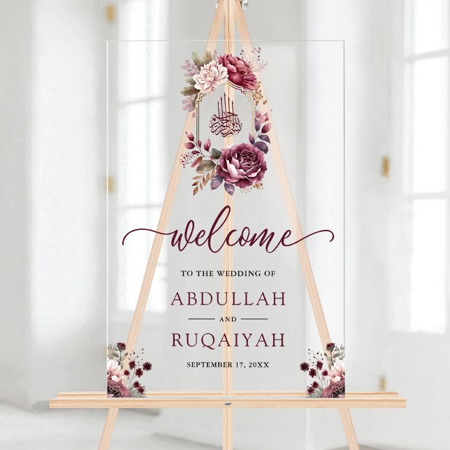 Burgundy Floral Crest  Muslim Wedding Welcome Acrylschild (Von Creator hochgeladen)