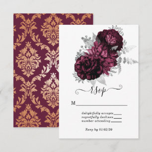 Burgundy Floral & Damask Wedding RSVP Card