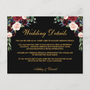 Burgundy Floral Détails du Mariage Insertion Carte