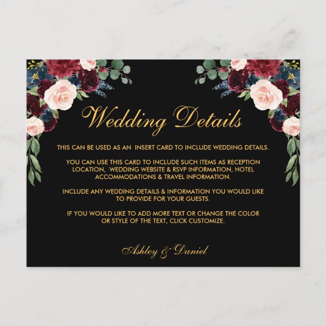 Burgundy Floral Détails du Mariage Insertion Carte (Devant)