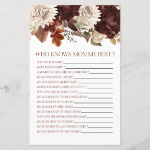 Burgundy Floral, die Mommy Baby Shower Game kennt