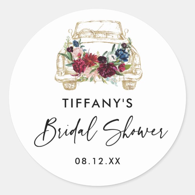 Burgundy Floral Drive by Brautparty Runder Aufkleber (Vorderseite)