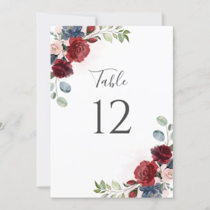 Burgundy Floral Dusty Blue Botanische Tischnummer