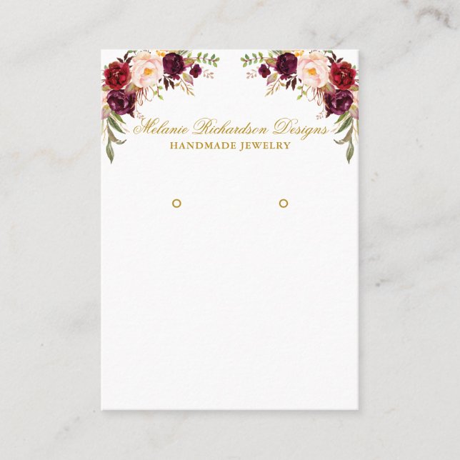 Burgundy Floral Earring Display Gold Visitenkarte (Vorderseite)