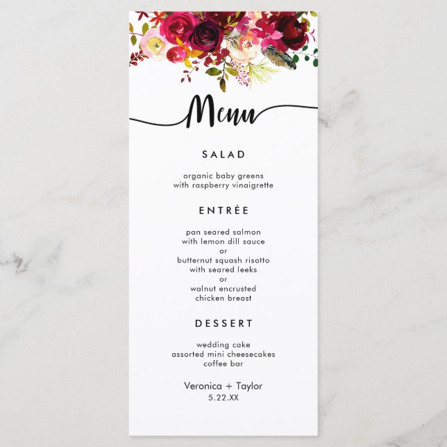 Burgundy Floral Einfaches Hochzeitsmenü mit 3 Gäng Menükarte (Vorderseite)