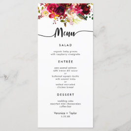 Burgundy Floral Einfaches Hochzeitsmenü mit 3 Gäng Menükarte