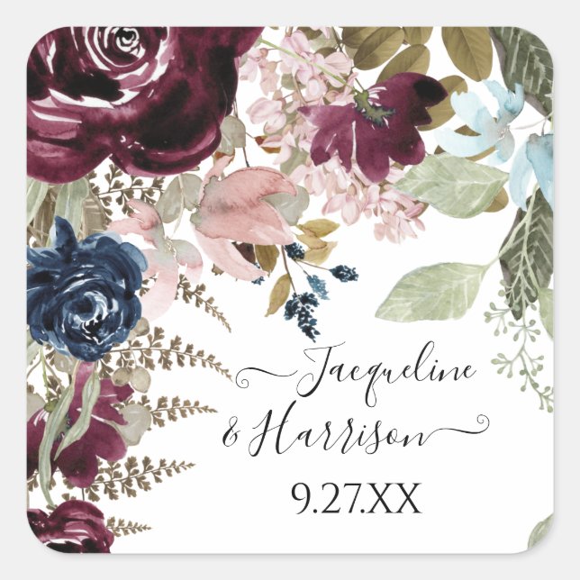 Burgundy Floral Elegant Blush Jewel Tone Wedding Quadratischer Aufkleber (Vorderseite)