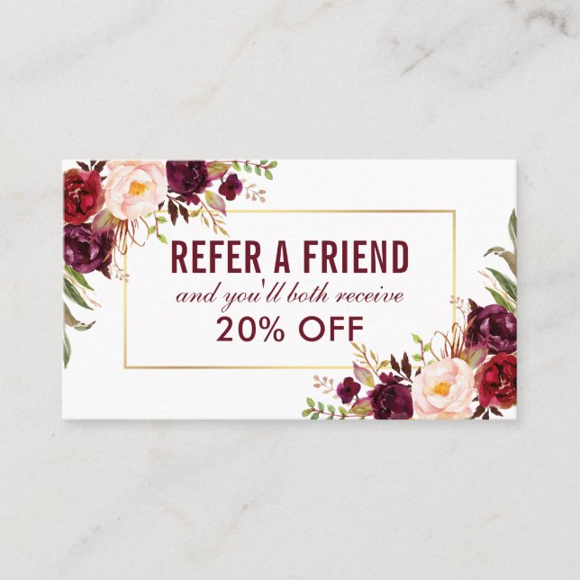 Burgundy Floral Elegant Gold Frame Referenz Visitenkarte (Vorderseite)