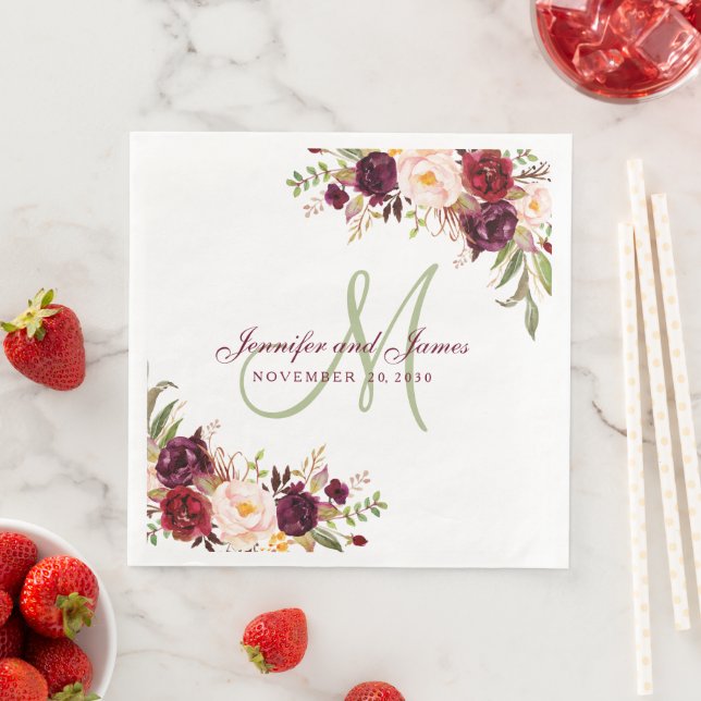 Burgundy Floral Elegant Monogram Rustic Wedding Na Serviette (Beispiel)