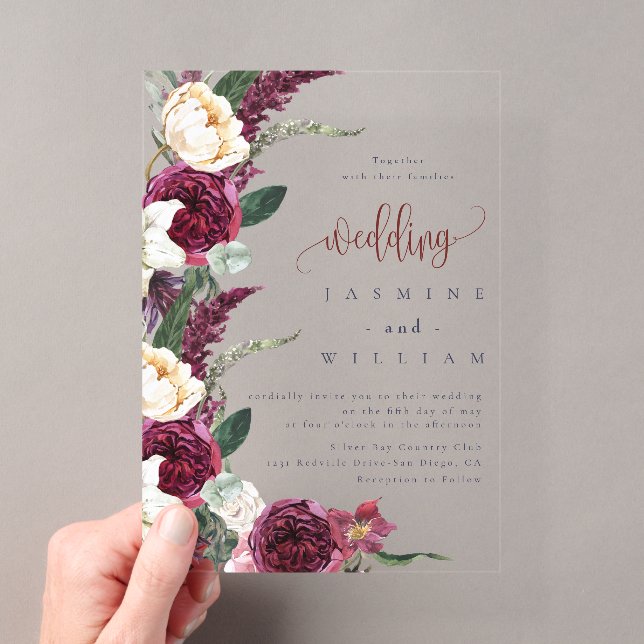 Burgundy Floral Elegant Wedding Acryleinladungen (Insitu (Handheld))