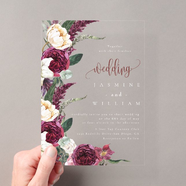 Burgundy Floral Elegant Wedding Acryleinladungen (Insitu (Handheld))