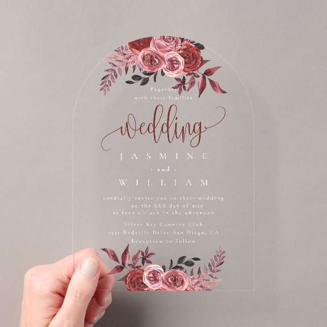 Burgundy Floral Elegant Wedding Acryleinladungen (Insitu (Handheld))