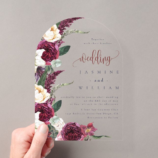 Burgundy Floral Elegant Wedding Acryleinladungen (Insitu (Handheld))