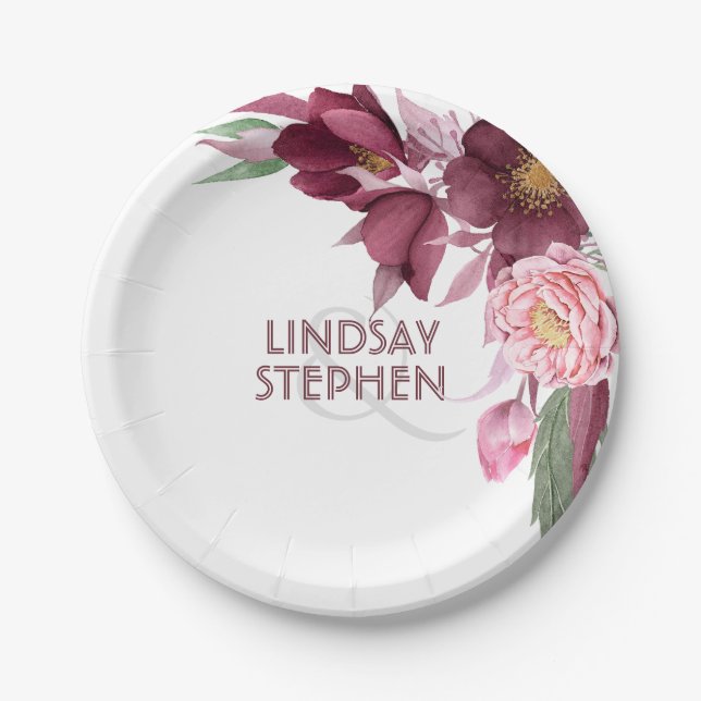 Burgundy Floral Elegant Wedding Pappteller (Vorderseite)