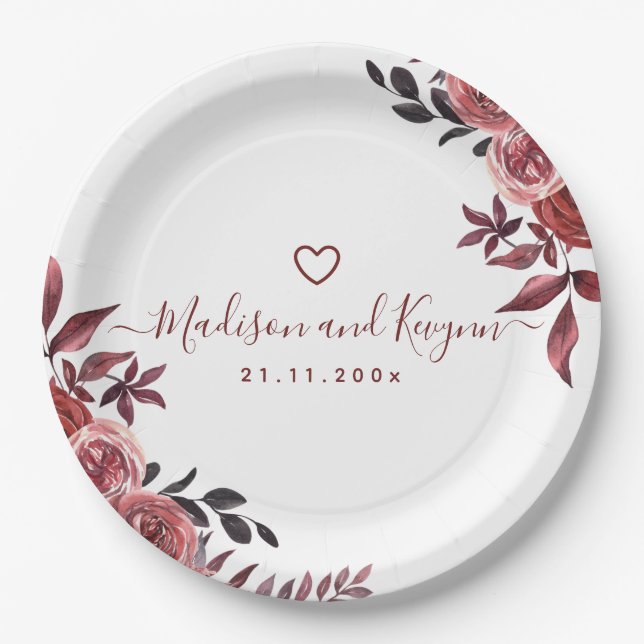 Burgundy Floral Elegante Monogram Rustikale Hochze Pappteller (Vorderseite)
