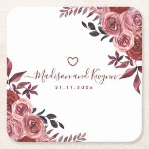 Burgundy Floral Elegante Monogram Rustikale Hochze Rechteckiger Pappuntersetzer