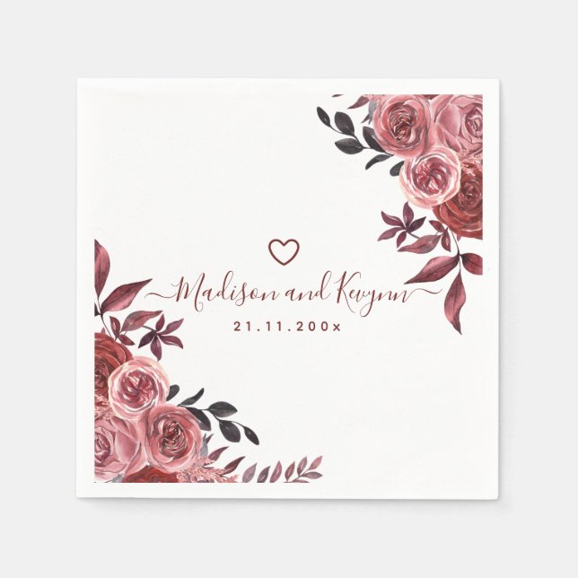 Burgundy Floral Elegante Monogram Rustikale Hochze Serviette (Vorderseite)