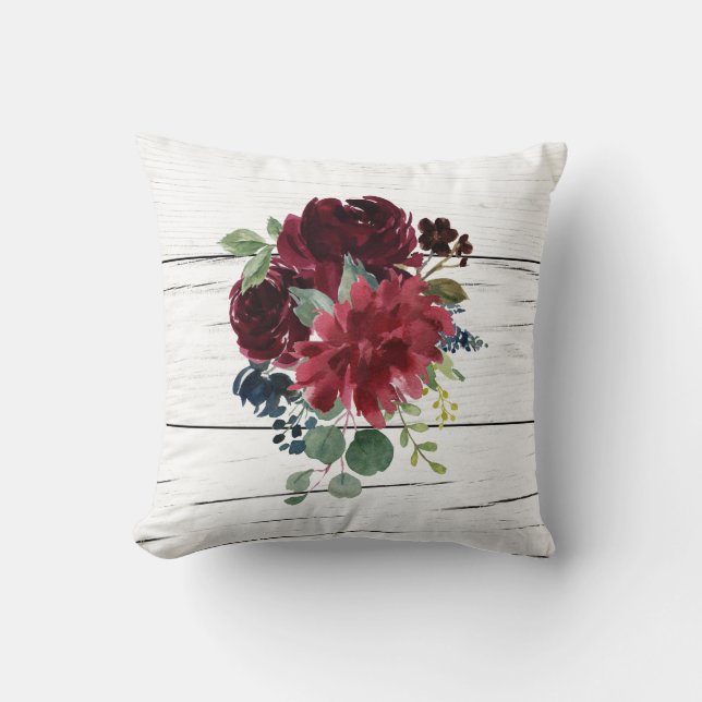Burgundy Floral Elegante Rustikale Wasserfarbe Hüb Kissen (Vorderseite)