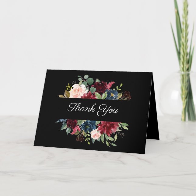Burgundy Floral Elegante Wasserfarbe Danke Karte (Vorderseite)