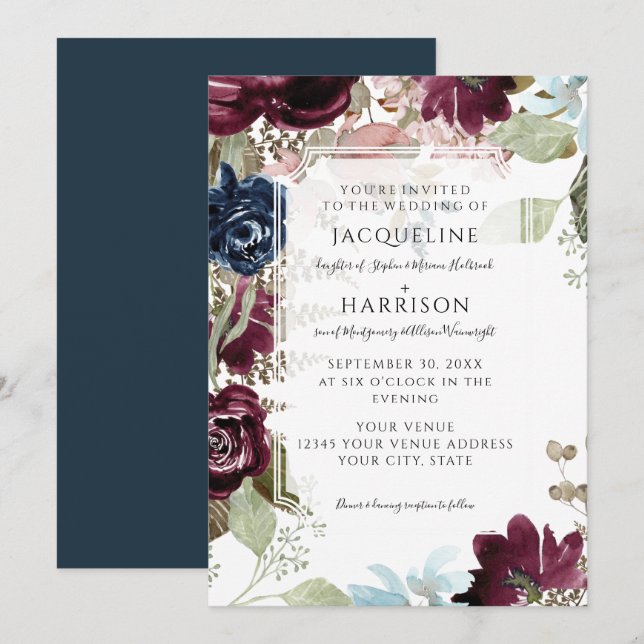 Burgundy Floral Eleganter Blush Fall Foliage Hochz Einladung (Vorne/Hinten)