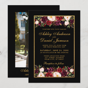 Burgundy Floral Elegantes Black Gold Foto Hochzeit Einladung