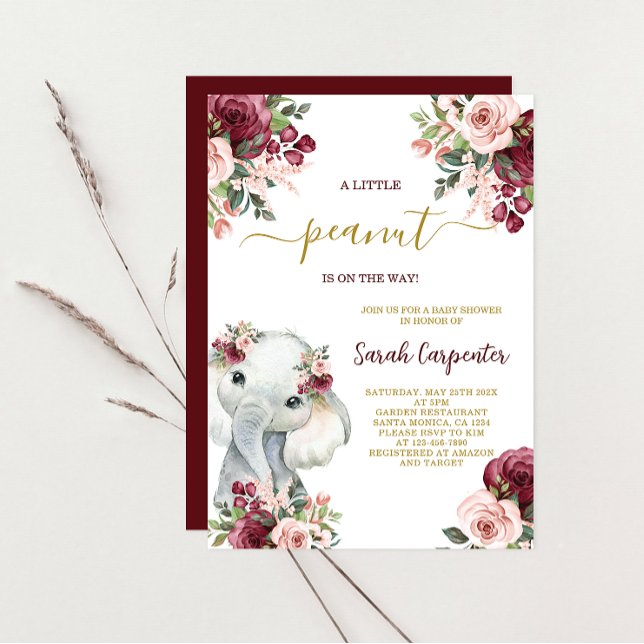 Burgundy Floral Elephant Baby Shower Girl Einladung (Von Creator hochgeladen)