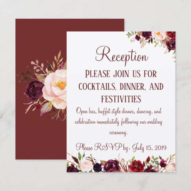 Burgundy Floral Empfang Hochzeitsszenario Begleitkarte (Vorne/Hinten)