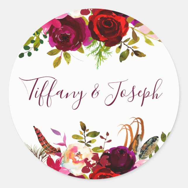 Burgundy Floral Engagement Party Hochzeitsskript Runder Aufkleber (Vorderseite)