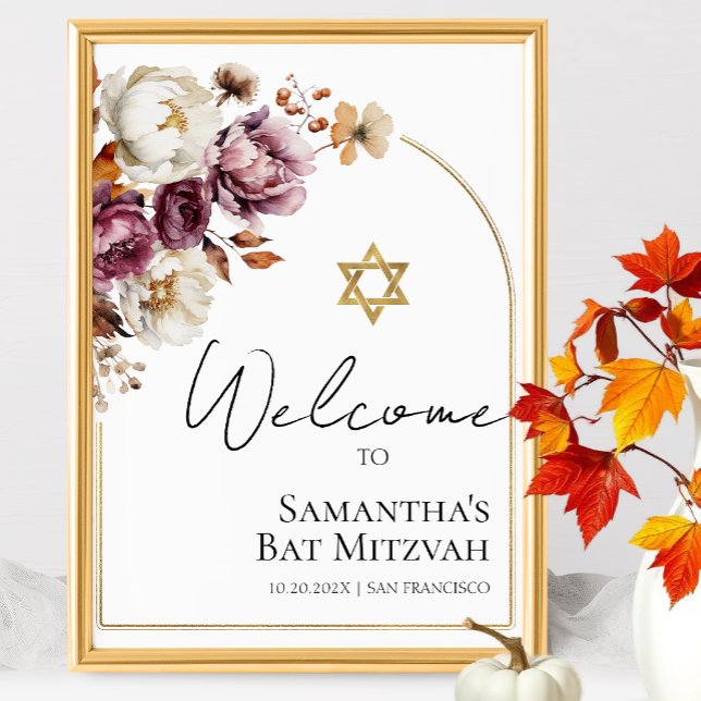 Burgundy Floral Fall Bat Mitzvah Begrüßungszeichen Poster (Von Creator hochgeladen)