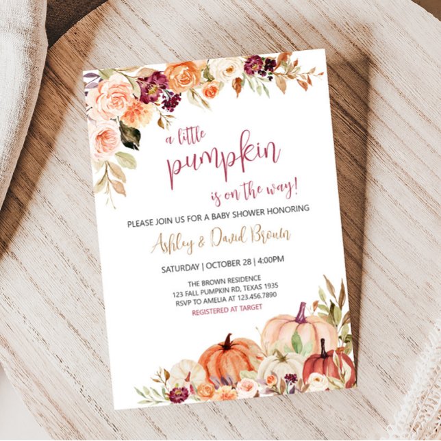 Burgundy Floral Fall Pumpkin Baby Dusche Einladung (Burgundy Fall Baby Shower Invitation)